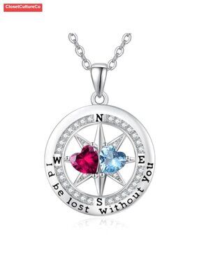 White Gold Plated Compass Birthstone Pendant Necklace